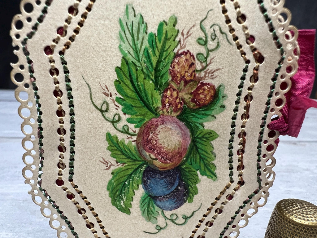 Antique Georgian Card Needlecase Hand Painted Needle Case Still Life Fruits Needle Book Circa 1830