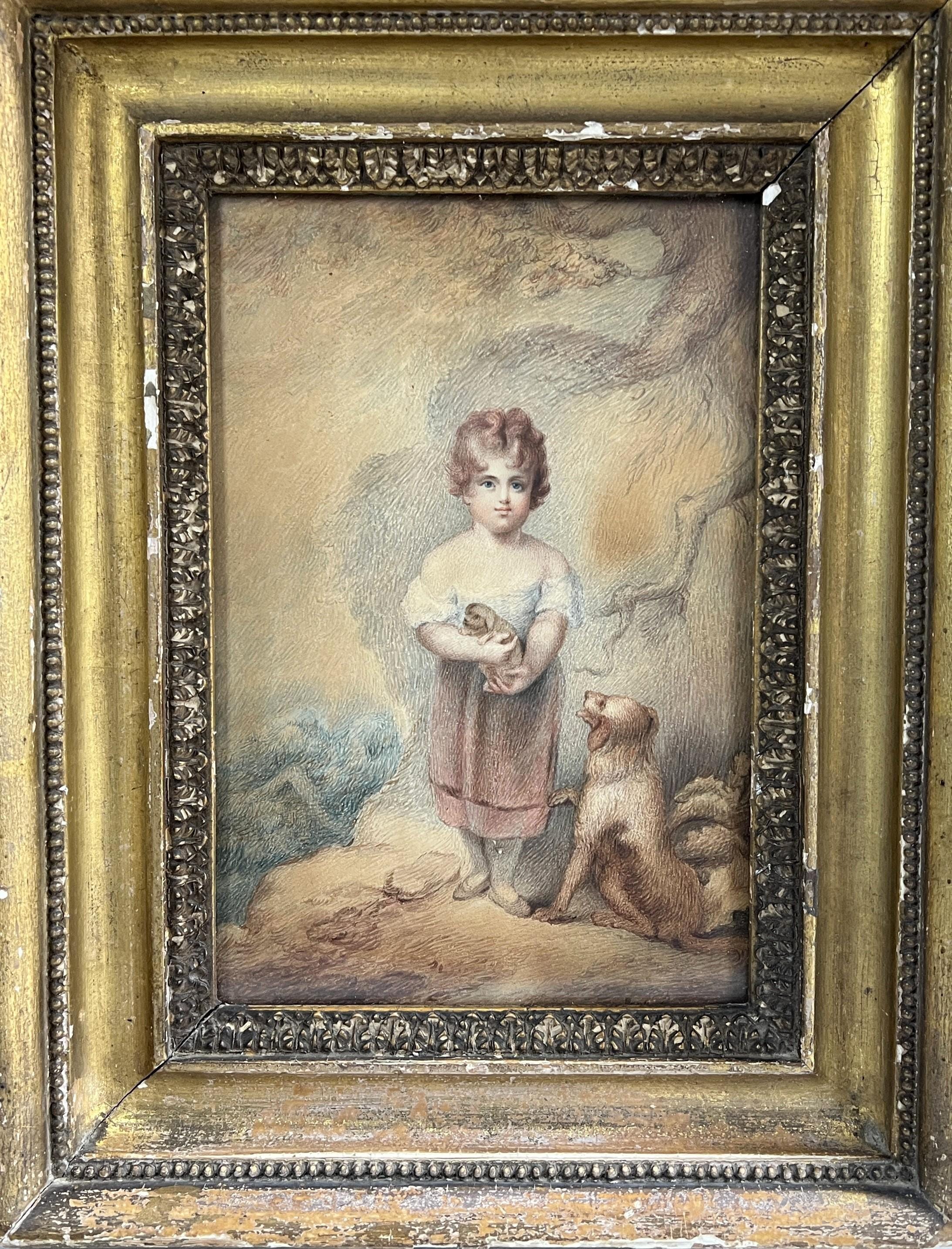 Antique Georgian Watercolor Portrait Child Dog Puppy After William Lodder 1803