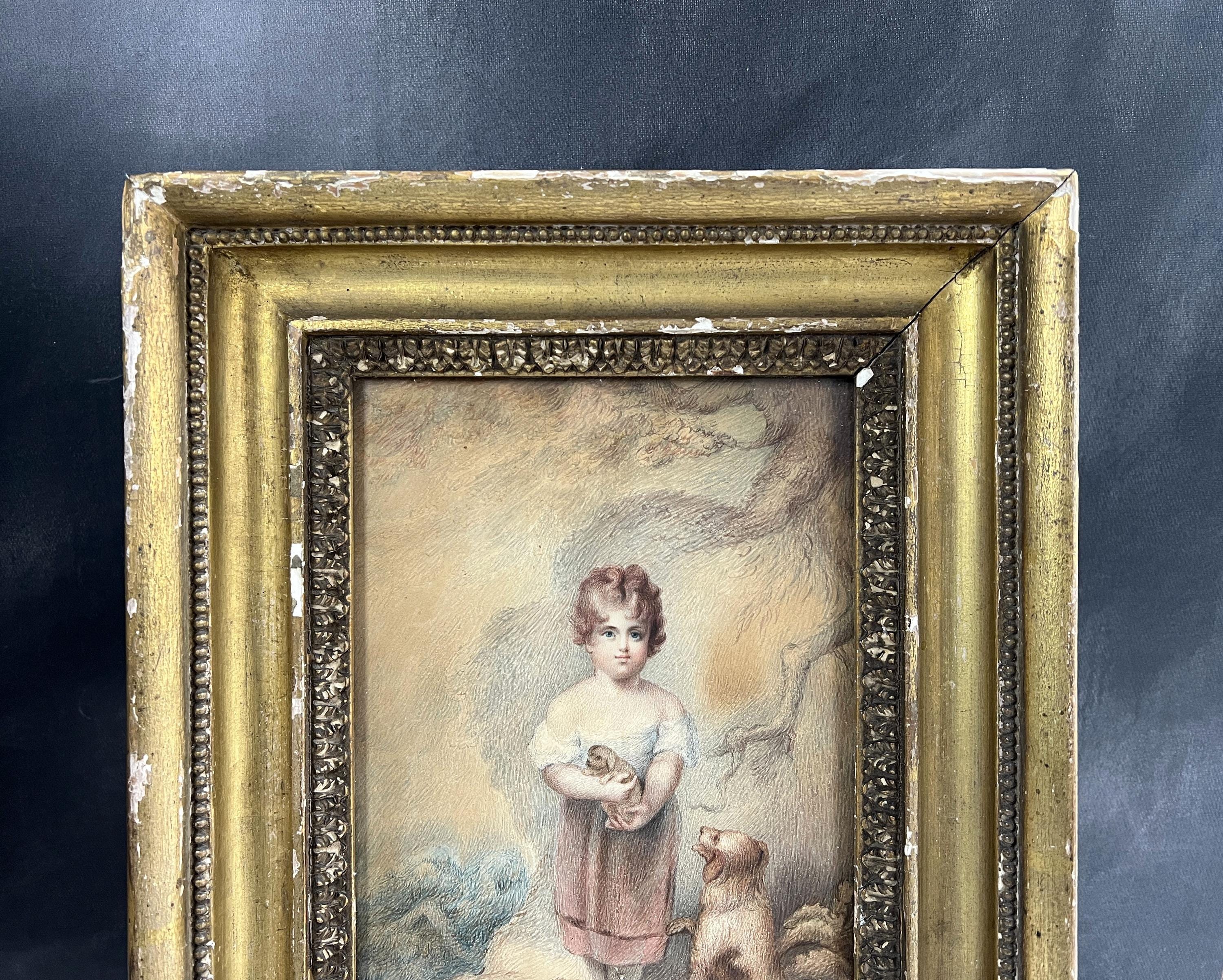 Antique Georgian Watercolor Portrait Child Dog Puppy After William Lodder 1803