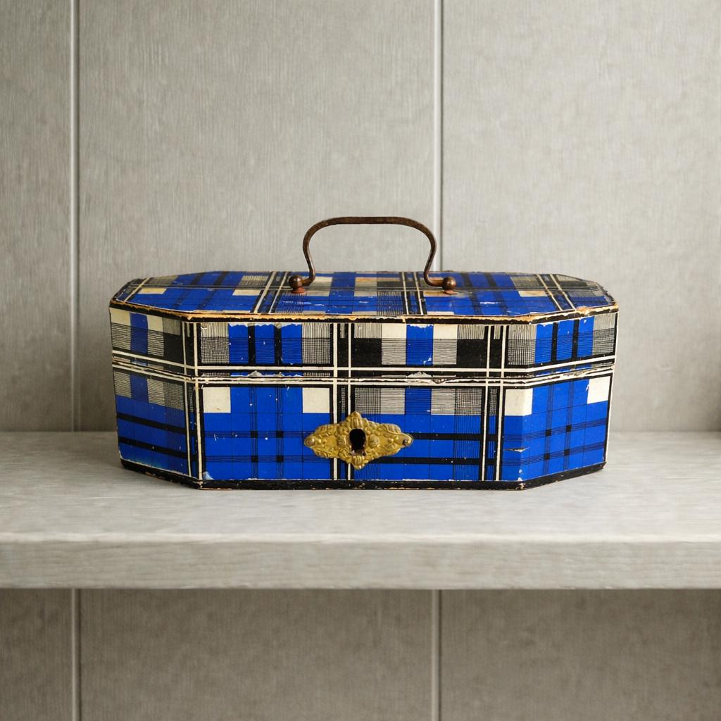 Antique 19th Century Sewing Box Blue Tartan C 1850