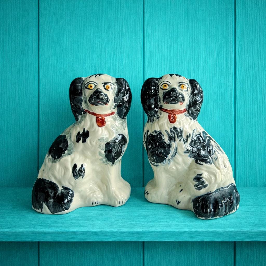 Antique Pair Of Black And White Staffordshire Dogs Fireside Spaniels English C 1920