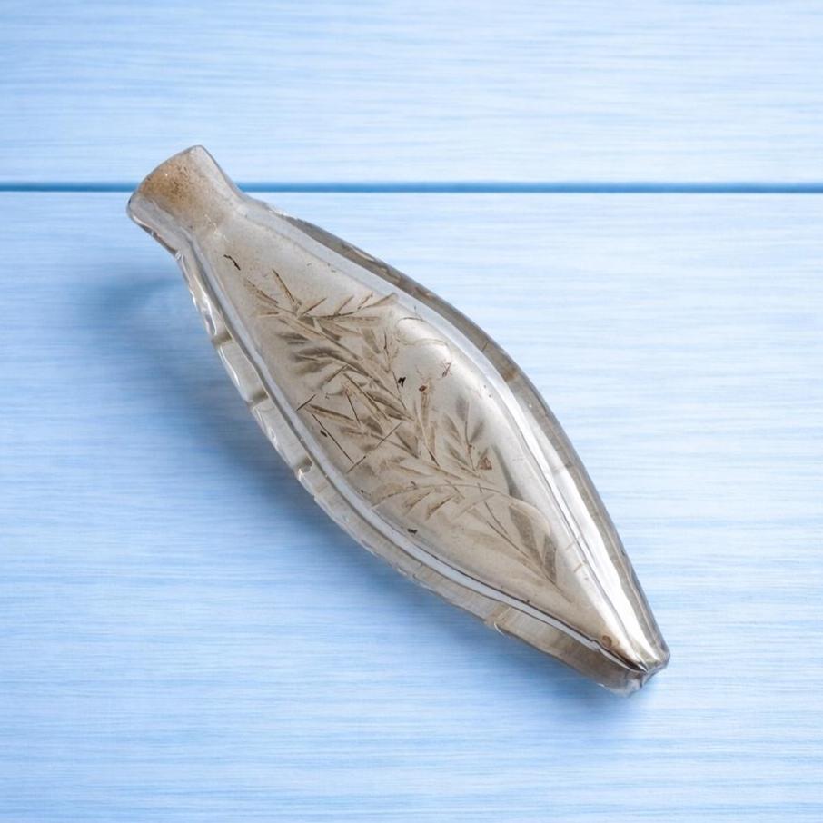 Georgian Miniature English Glass Scent Bottle Navette Shaped Engraved Initials MS Circa 1800 AF