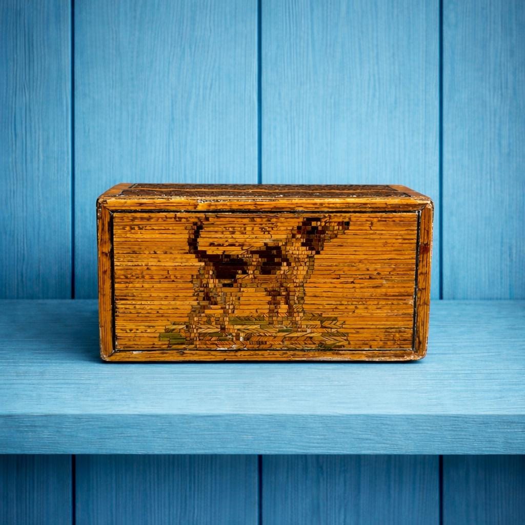 Antique Straw Work Box Dog Georgian Folk Art C 1820