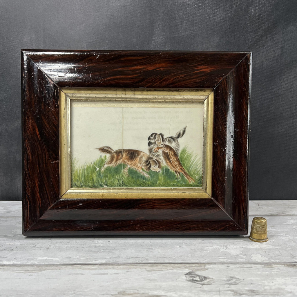 Georgian Pith Paper Painting of Dogs Rare Springer Spaniel Subject C 1830 AF