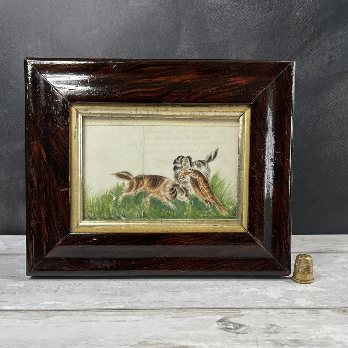 Georgian Pith Paper Painting of Dogs Rare Springer Spaniel Subject C 1830 AF