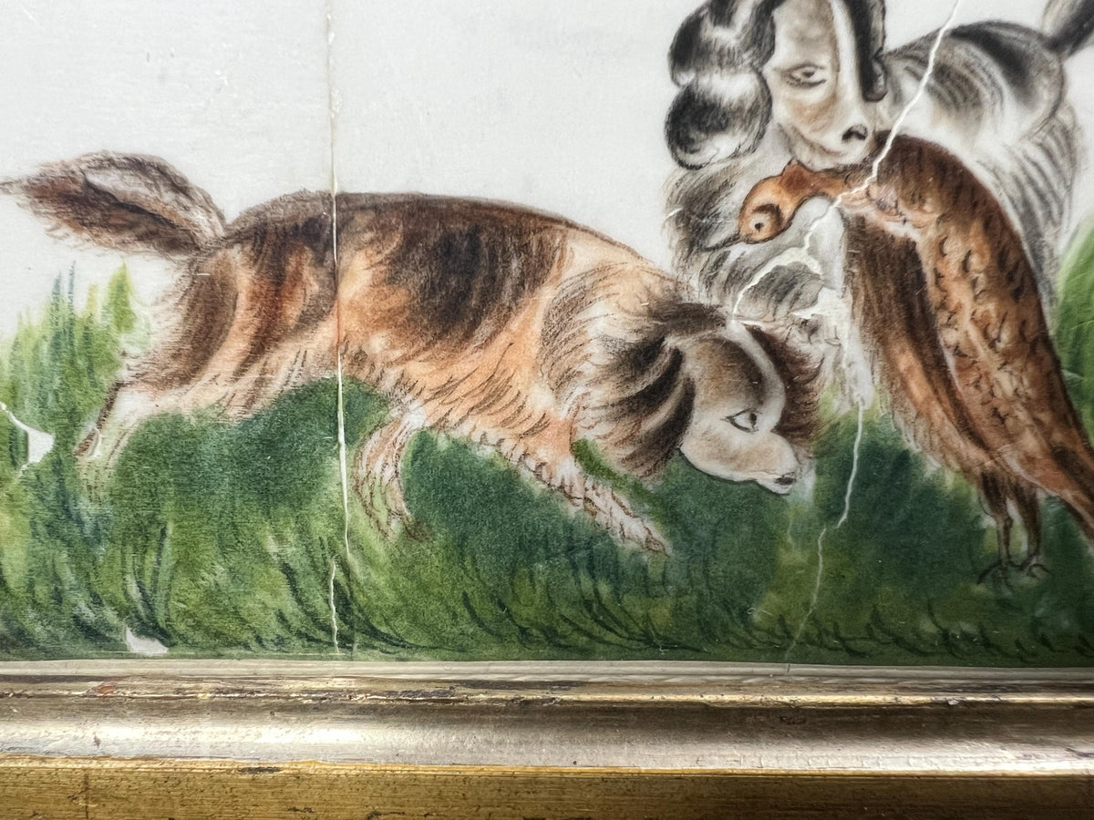 Georgian Pith Paper Painting of Dogs Rare Springer Spaniel Subject C 1830 AF