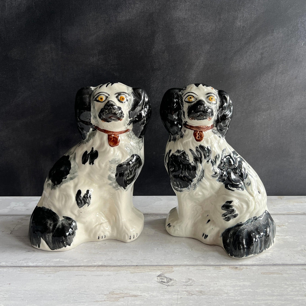 Antique Pair Of Black And White Staffordshire Dogs Fireside Spaniels English C 1920