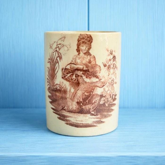 Antique Herculaneum Creamware Mug Tankard Romantic Lovers Purple Puce Transfer Printed C 1800