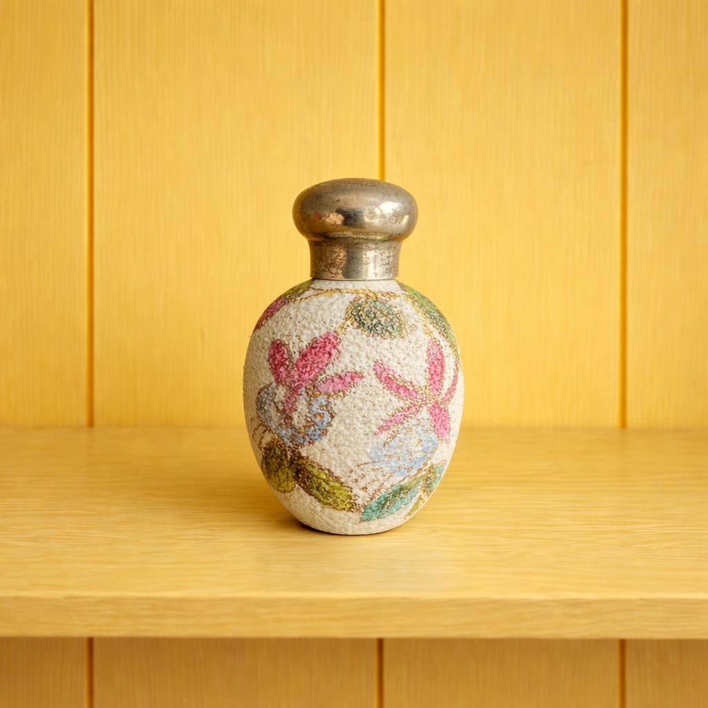 Tiny Egg Scent Bottle Floral Fuchsia Sterling Silver Top 1889