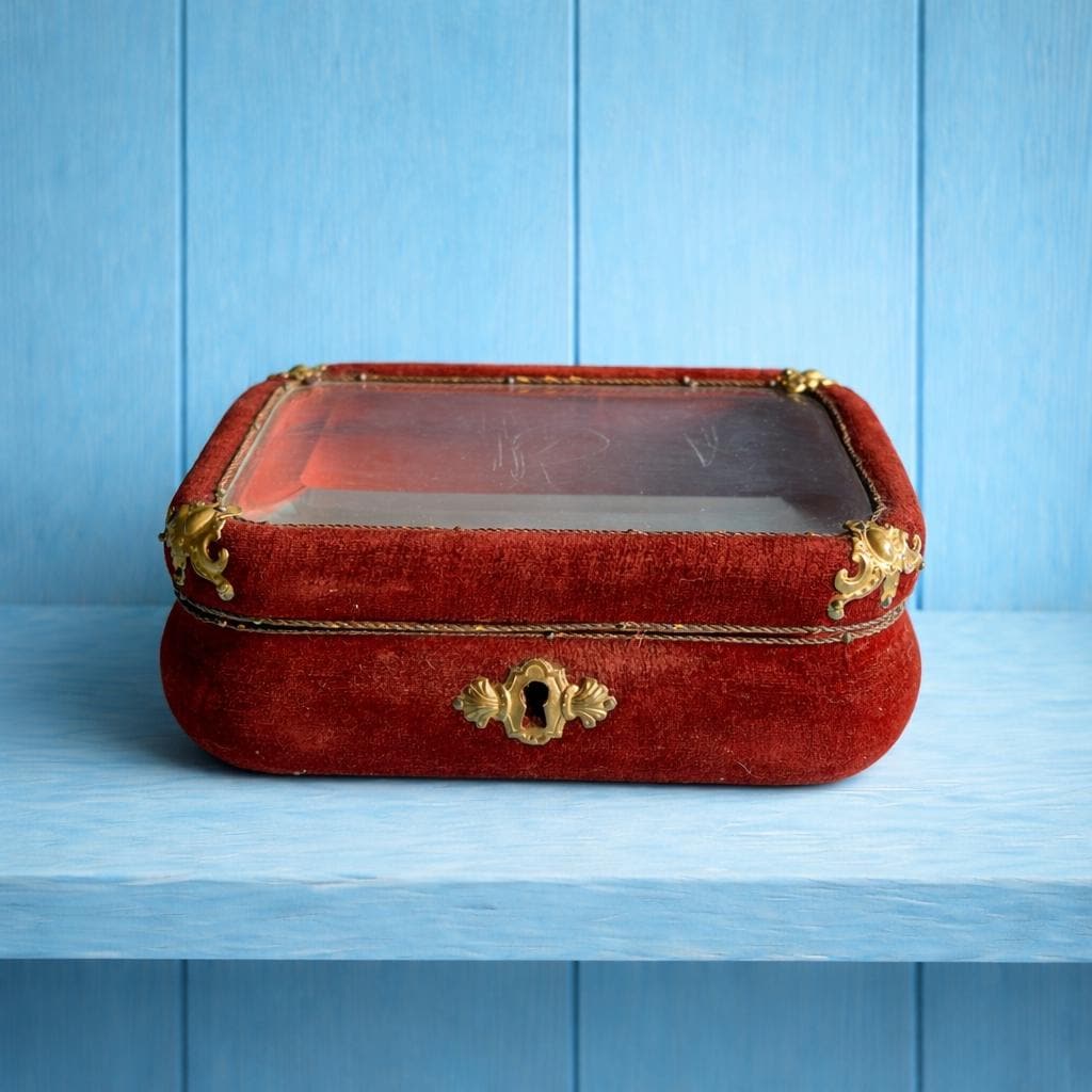 Antique Velvet Jewelry Box Beveled Glass Vitrine Casket Circa 1890