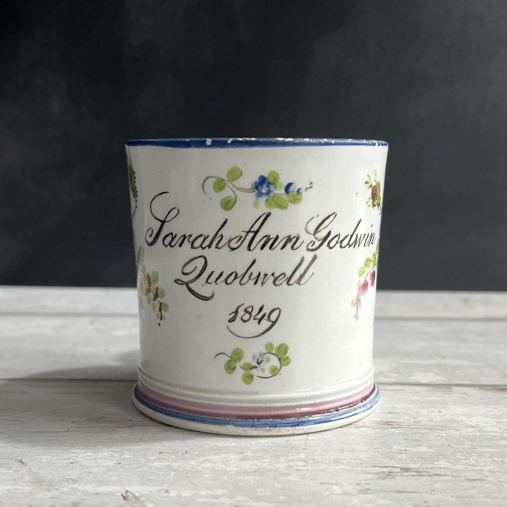 Antique Documentary Floral Pearlware Mug Sarah Ann Godwin Ludwell Village Wiltshire England 1849