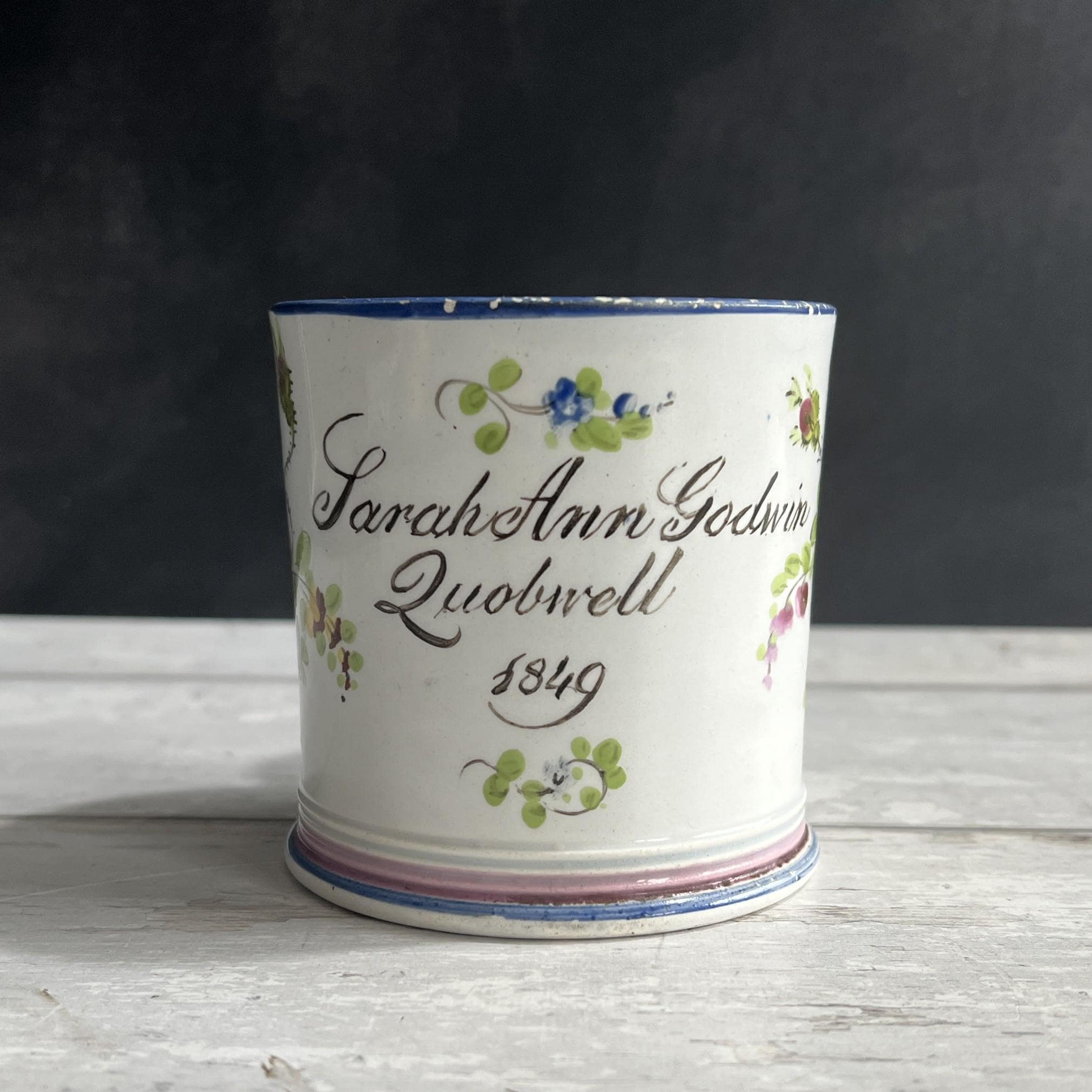Antique Documentary Floral Pearlware Mug Sarah Ann Godwin Ludwell Village Wiltshire England 1849