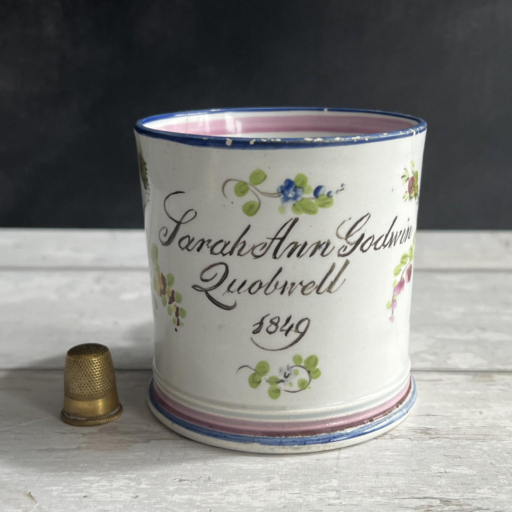 Antique Documentary Floral Pearlware Mug Sarah Ann Godwin Ludwell Village Wiltshire England 1849