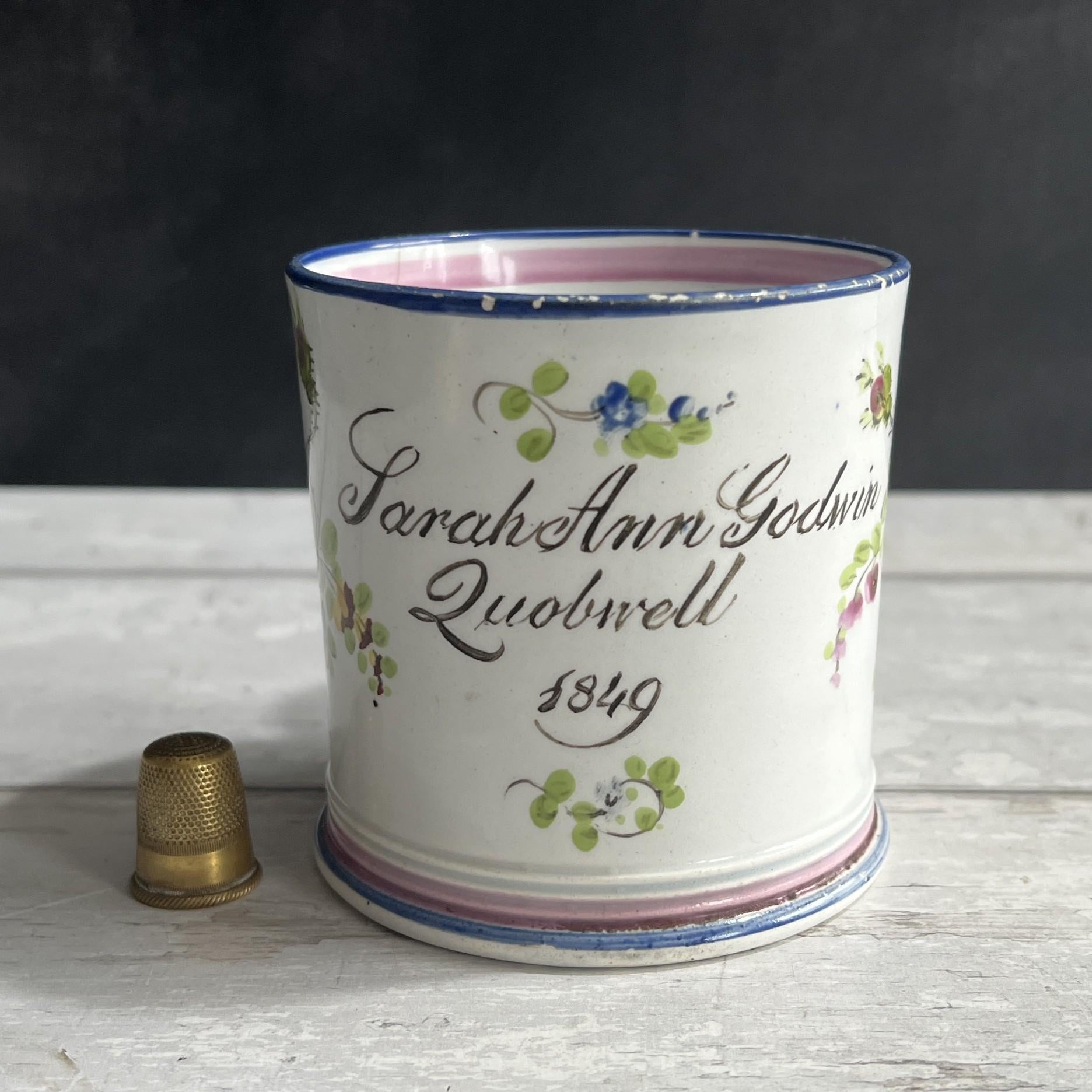 Antique Documentary Floral Pearlware Mug Sarah Ann Godwin Ludwell Village Wiltshire England 1849