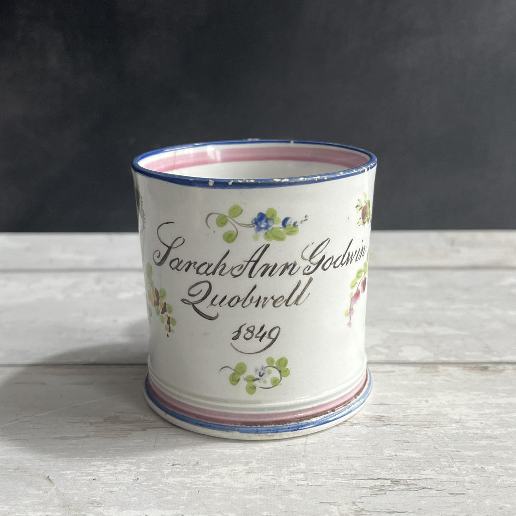 Antique Documentary Floral Pearlware Mug Sarah Ann Godwin Ludwell Village Wiltshire England 1849