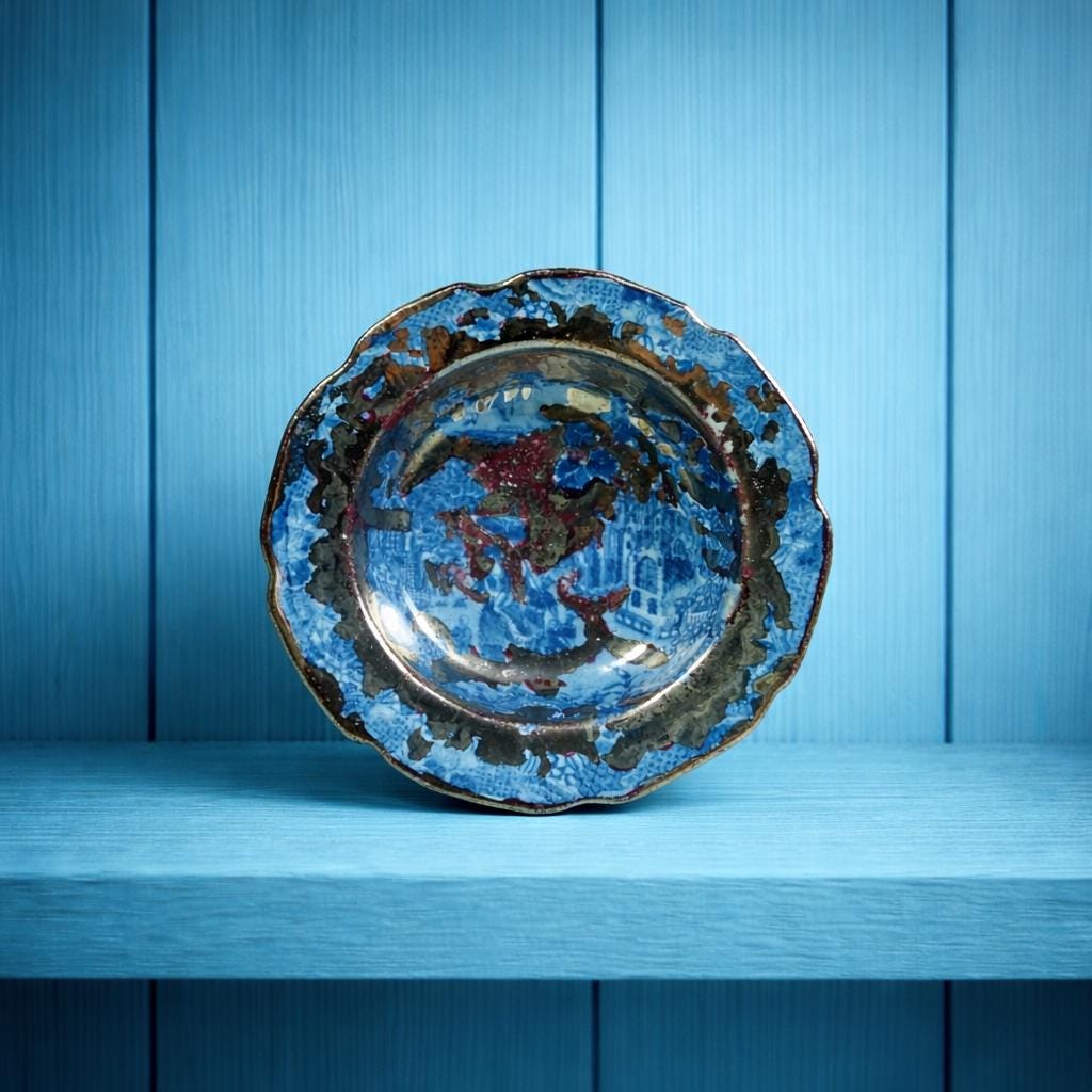 19th Century Silver Lustre Toy Dish Queen of Sheba Blue Transferware