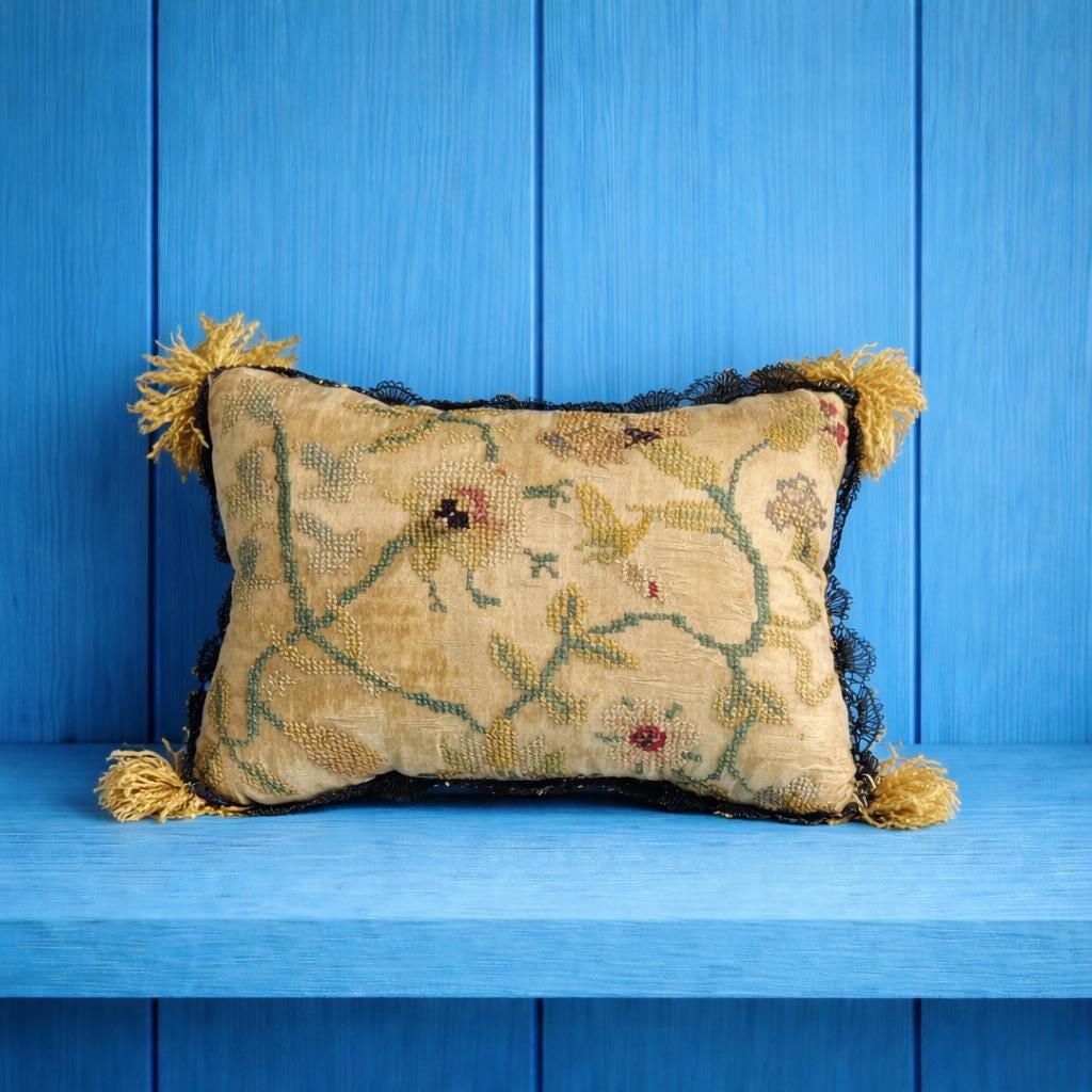 Early 18th Century Pincushion Silk Embroidered Needlework Flowers English Circa 1700 AF
