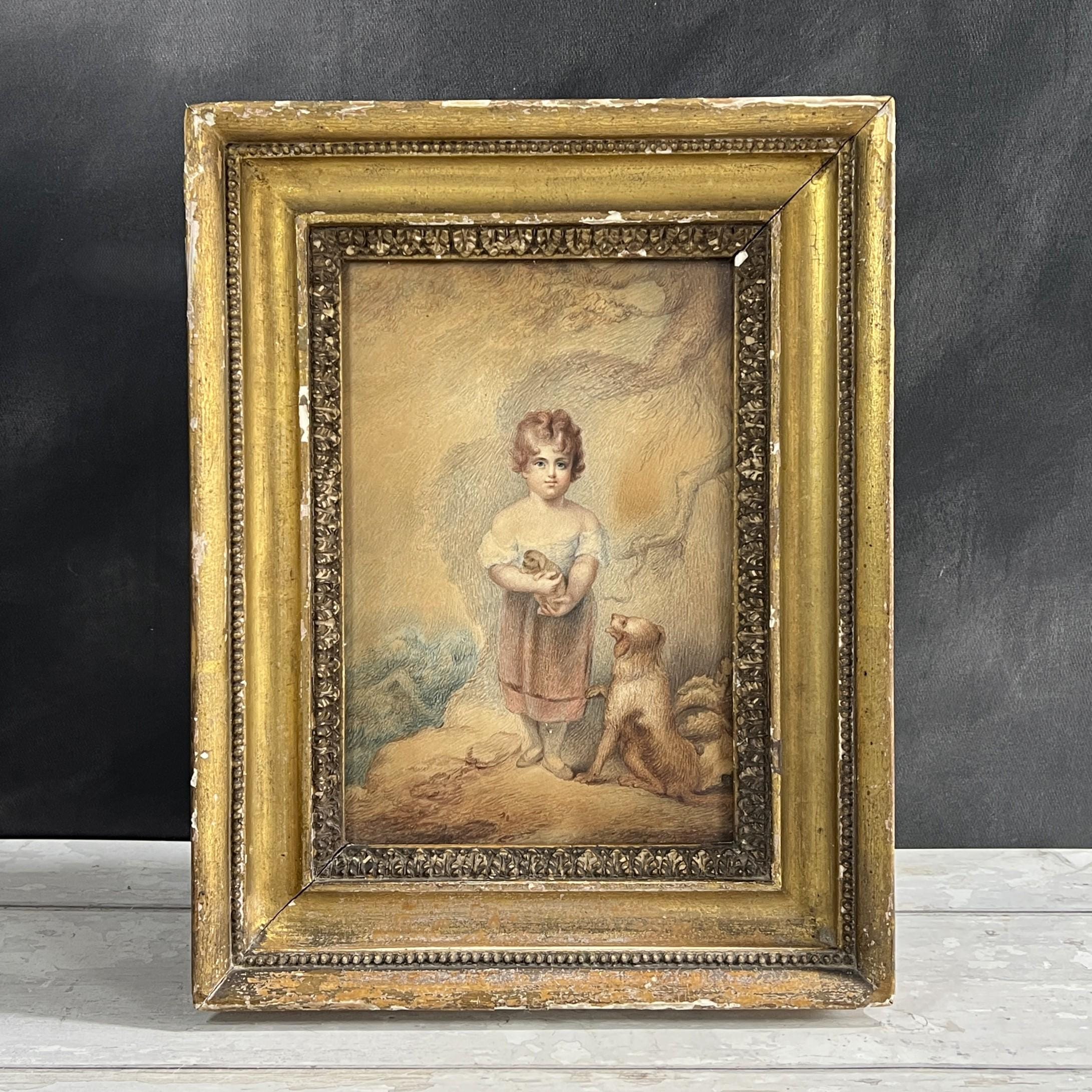 Antique Georgian Watercolor Portrait Child Dog Puppy After William Lodder 1803