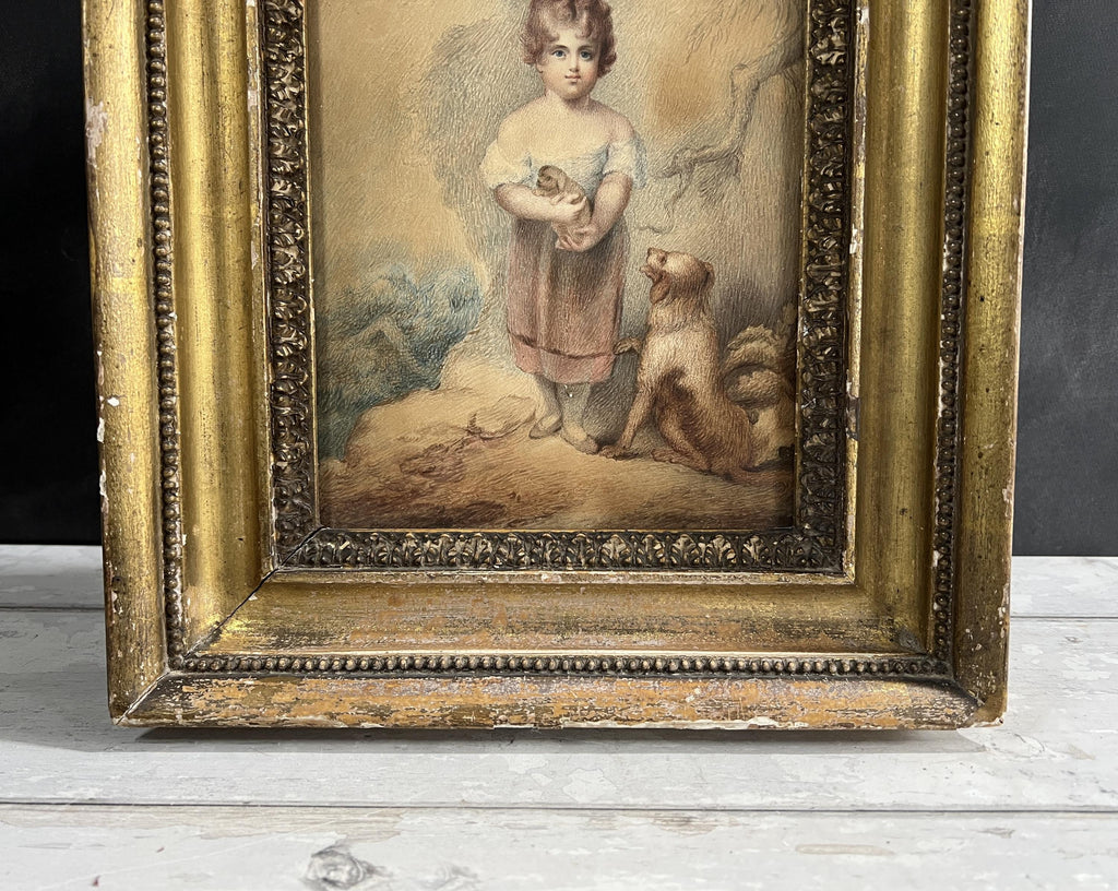 Antique Georgian Watercolor Portrait Child Dog Puppy After William Lodder 1803