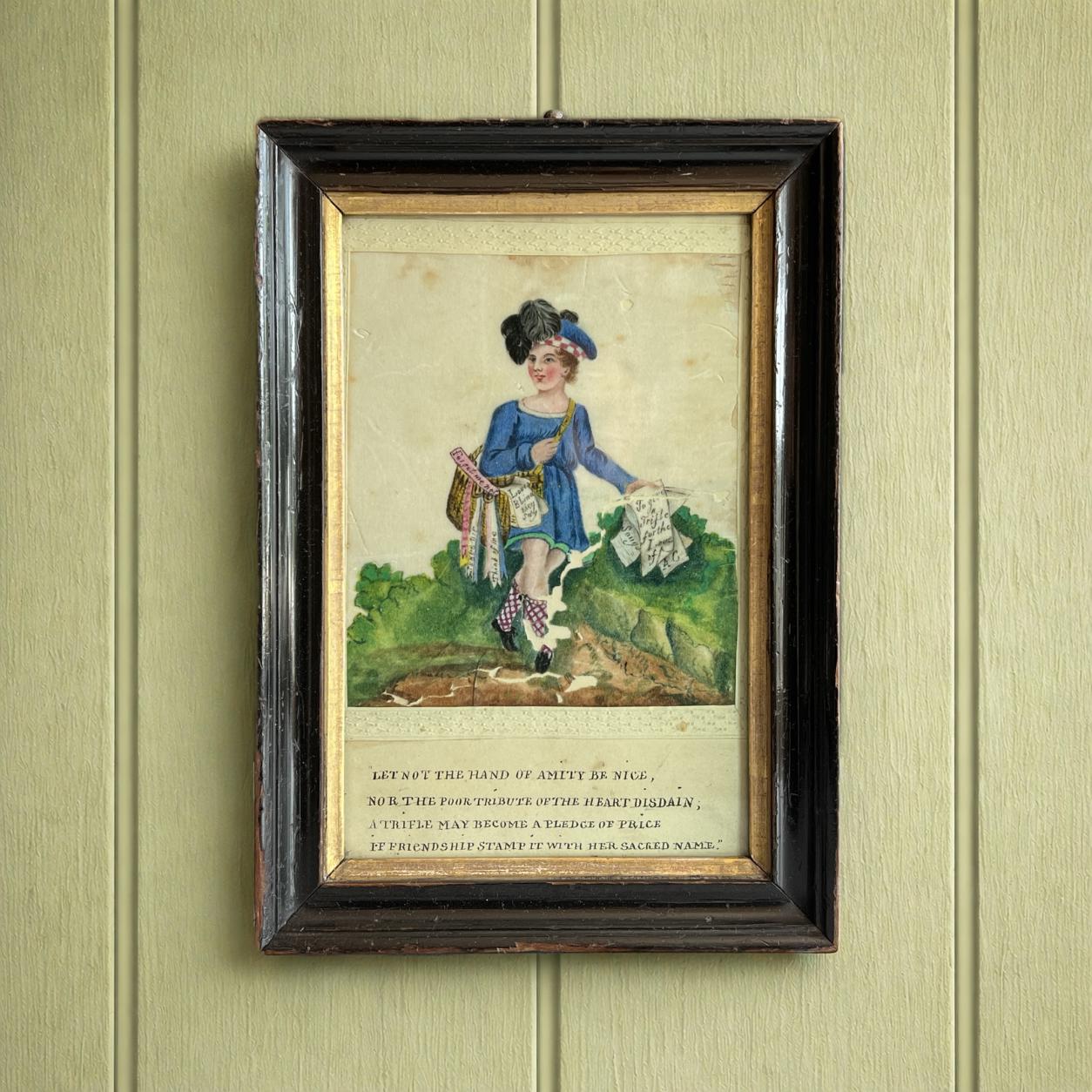 19th Century Valentine Painting On Pith Paper of Scottish Poet Boy Circa 1830 RARE AF