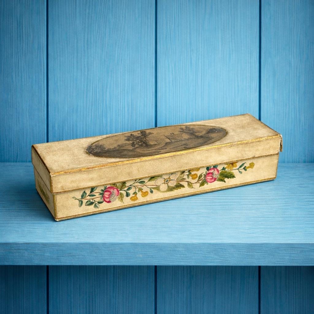 Rare Antique Georgian Sewing Box Hand Painted Shells Flowers and Country Scene Dated 1809