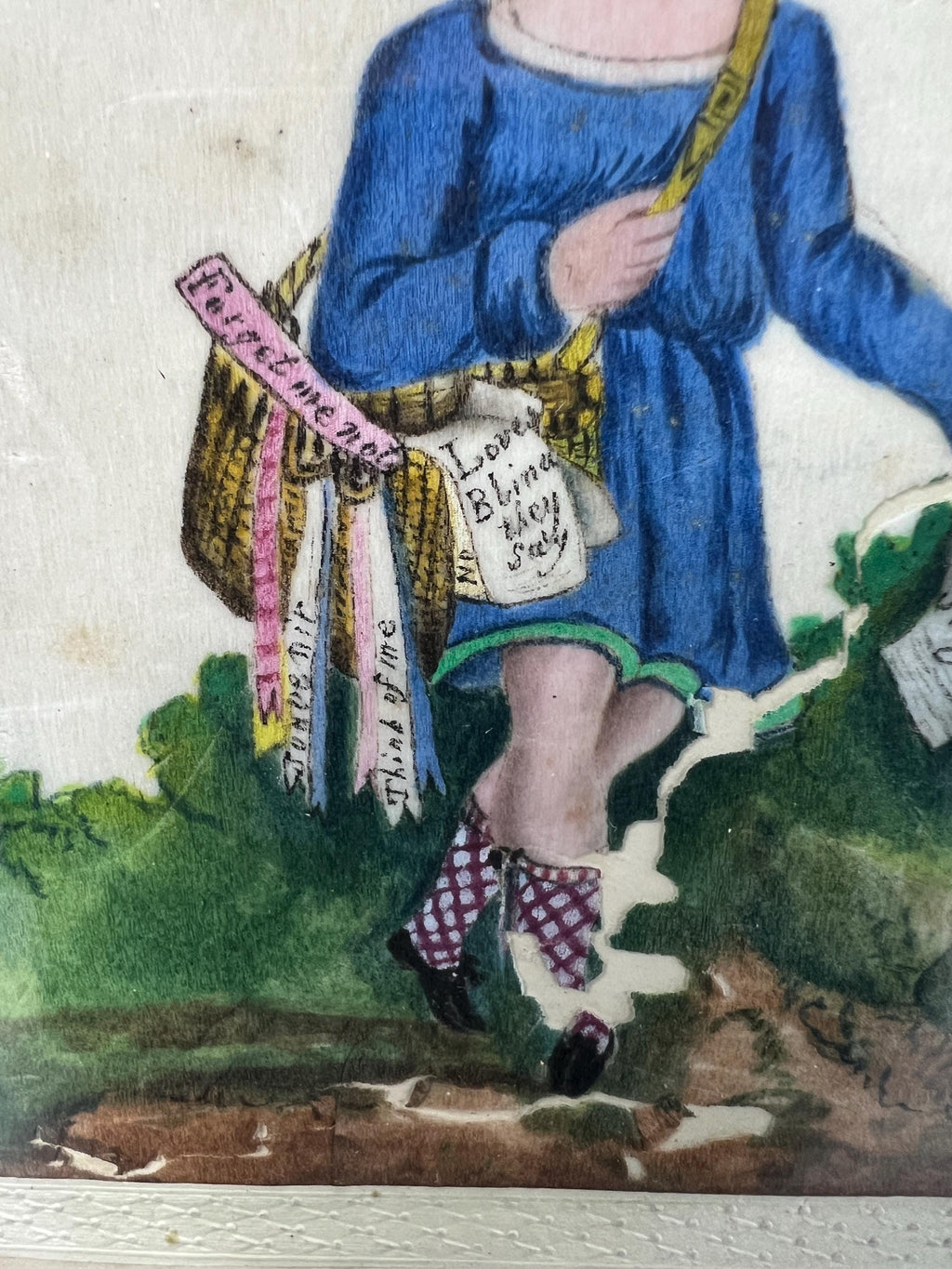 19th Century Valentine Painting On Pith Paper of Scottish Poet Boy Circa 1830 RARE AF