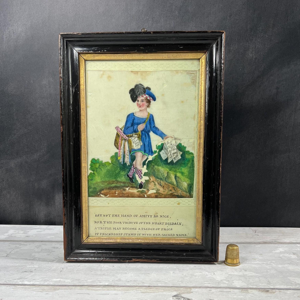 19th Century Valentine Painting On Pith Paper of Scottish Poet Boy Circa 1830 RARE AF