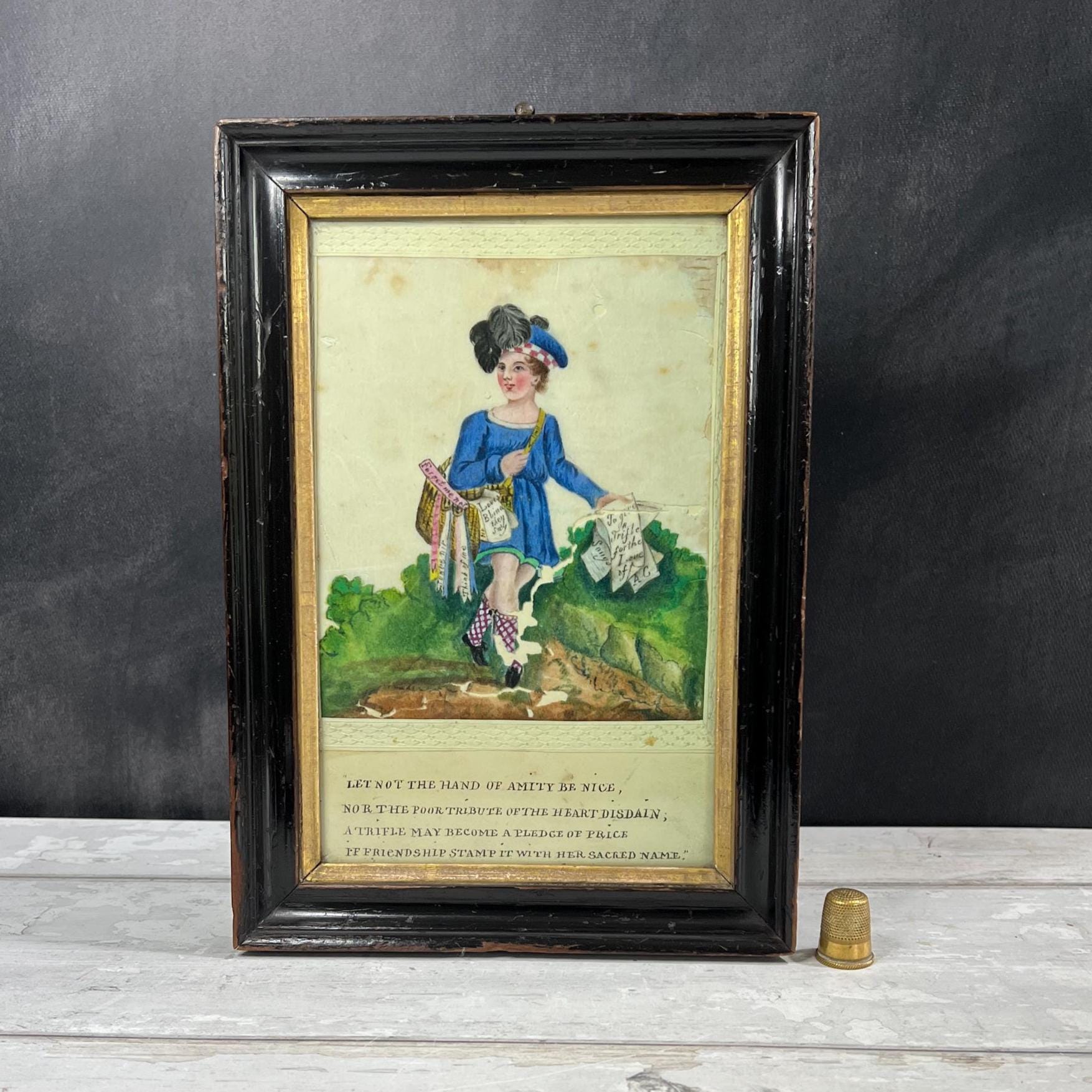 19th Century Valentine Painting On Pith Paper of Scottish Poet Boy Circa 1830 RARE AF
