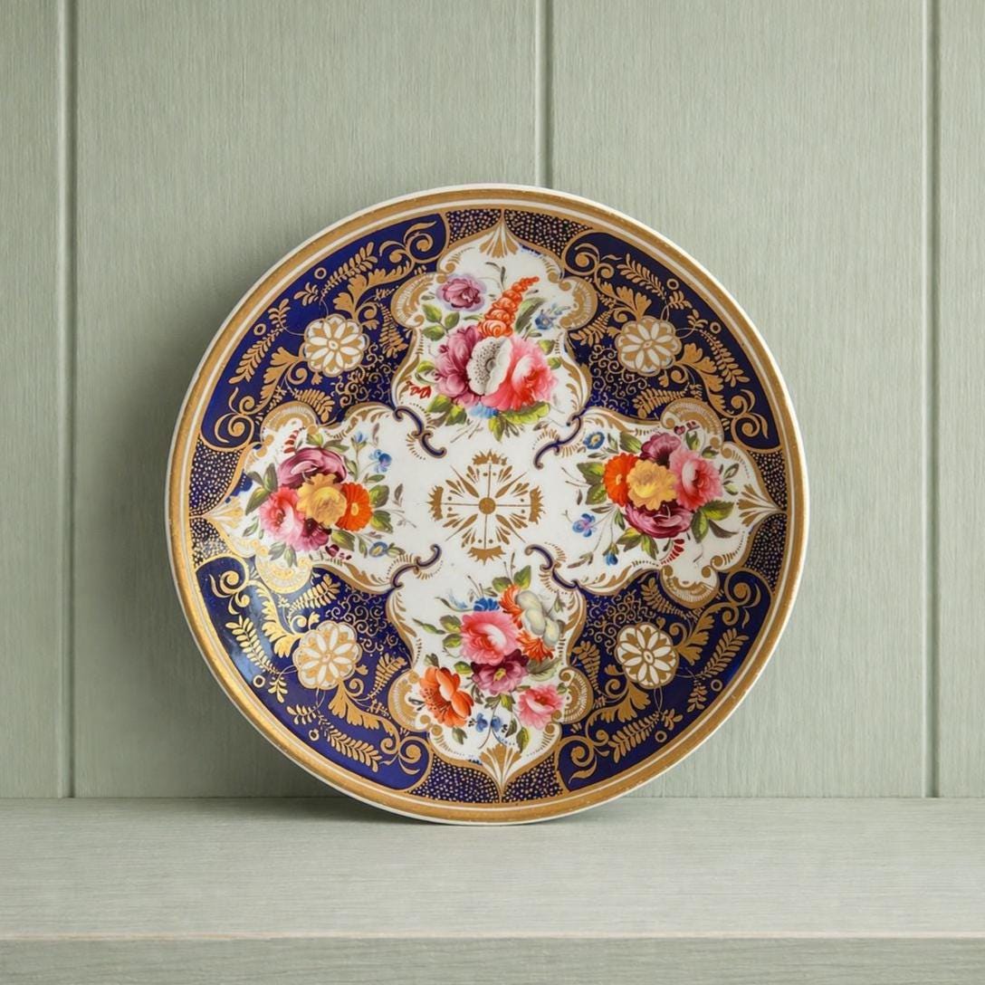 Antique English Porcelain Deep Plate Cobalt Blue Florals Regency Era Circa 1820