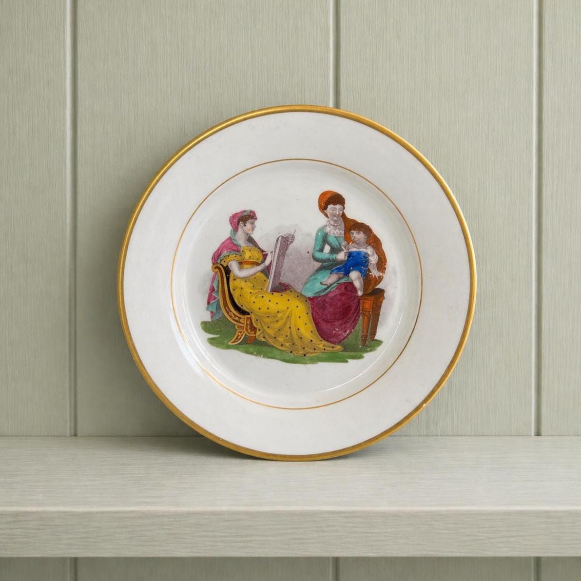 19th Century Adam Buck New Hall Porcelain Plate Mother and Child Regency Era