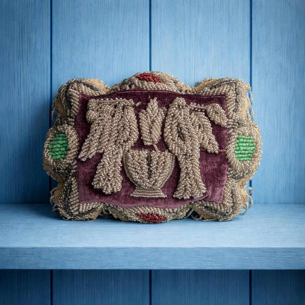 19th Century Iroquois Beadwork Pincushion Love Birds on Velvet