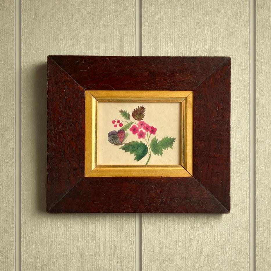 Antique Victorian Floral Painting Butterfly English Circa 1850