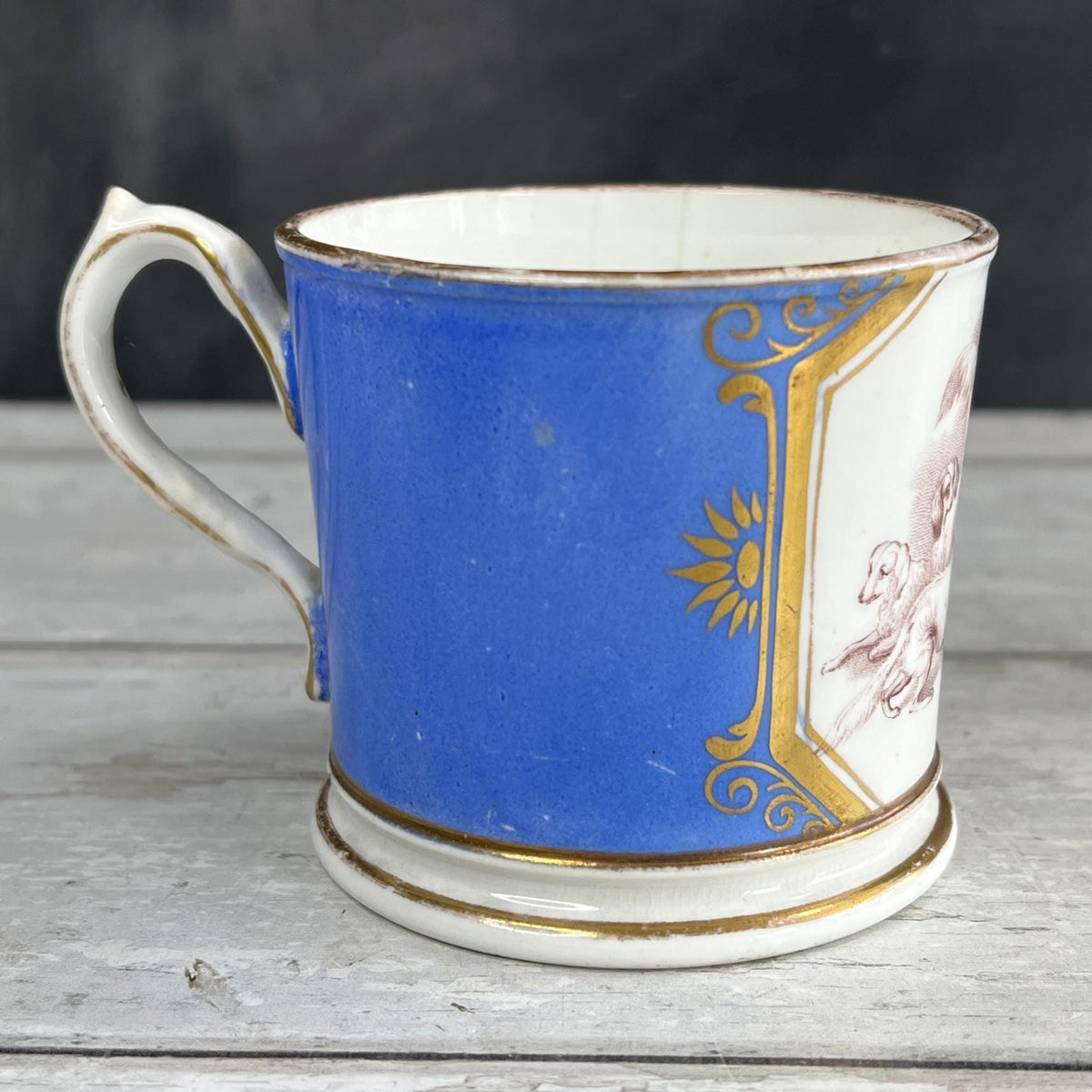 Antique Porcelain Mug Rare Dog and Puppy Scenes English C 1830s AF