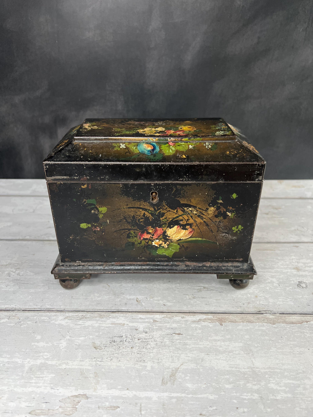 Antique 19th Century English Tole Tea Caddy Floral Toleware Tea Canister Circa 1850