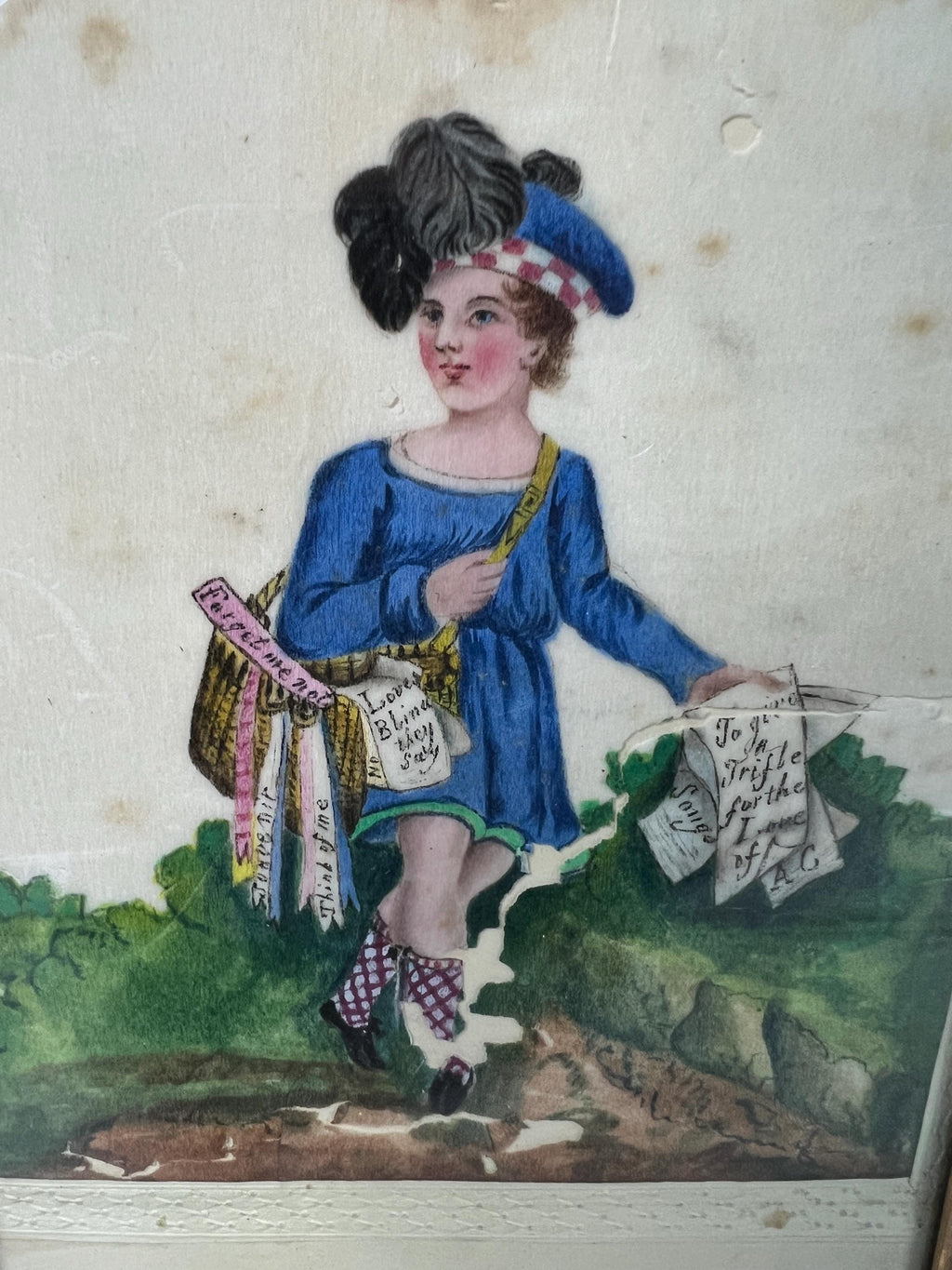19th Century Valentine Painting On Pith Paper of Scottish Poet Boy Circa 1830 RARE AF