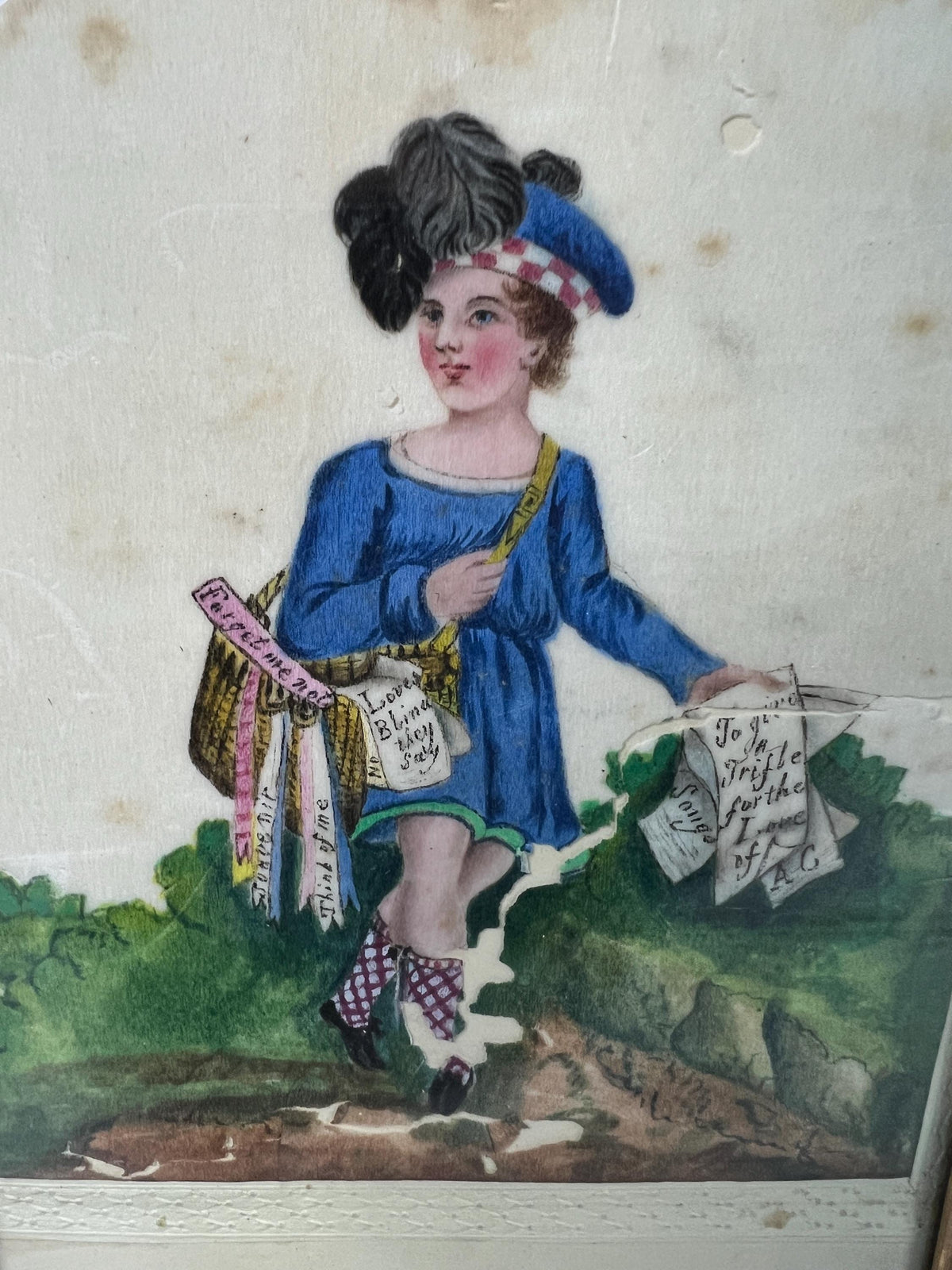 19th Century Valentine Painting On Pith Paper of Scottish Poet Boy Circa 1830 RARE AF