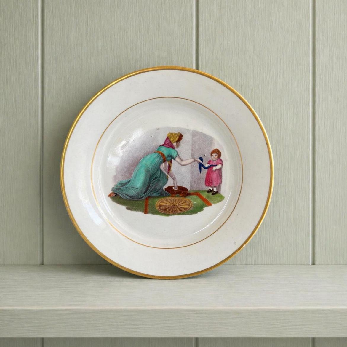 19th Century New Hall Porcelain Plate Adam Buck Mother and Child Circa 1815