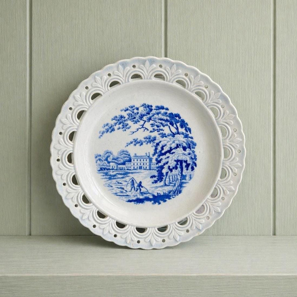 19th Century Pearlware Plate Reticulated Border English Country House Blue And White C 1820