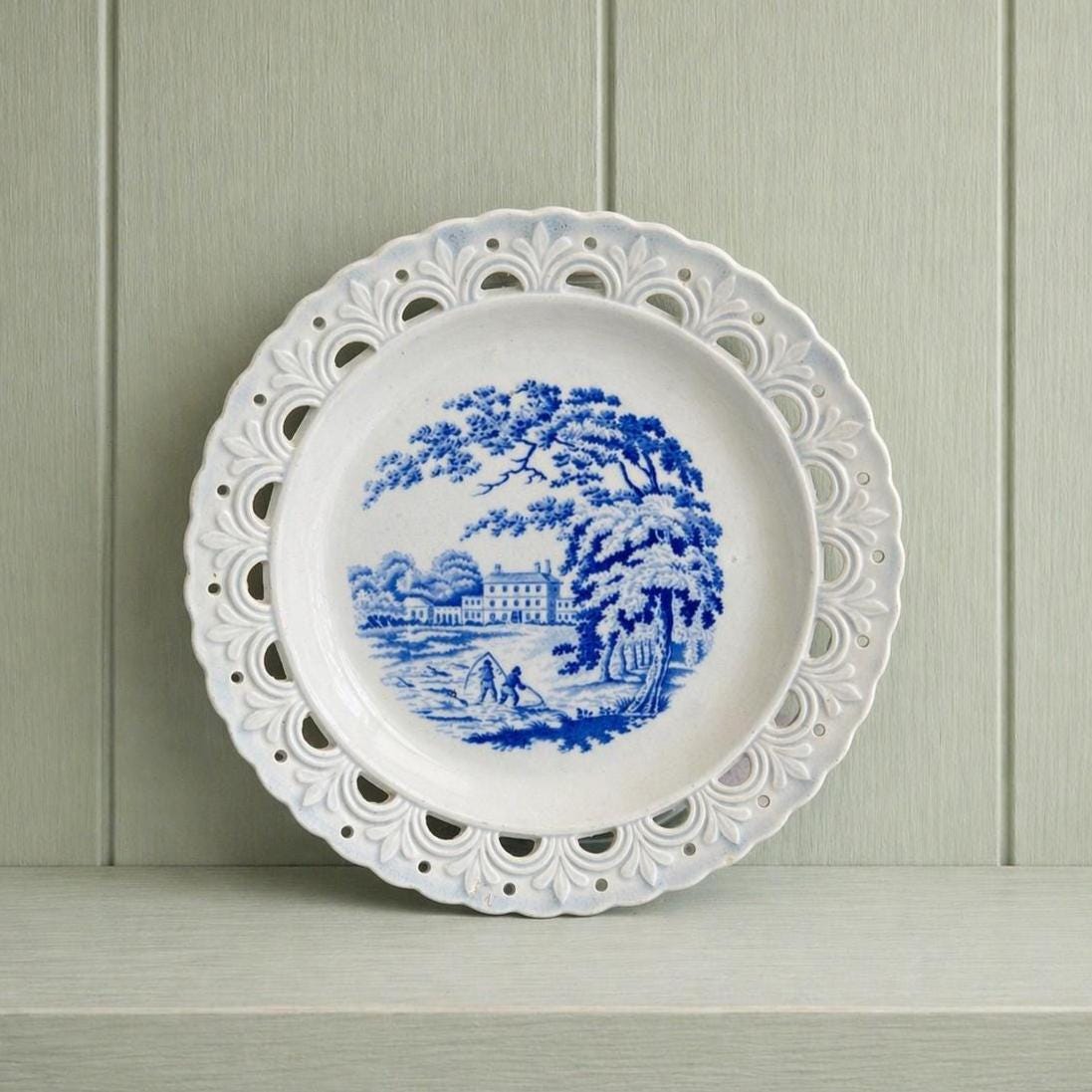 19th Century Pearlware Plate Reticulated Border English Country House Blue And White C 1820