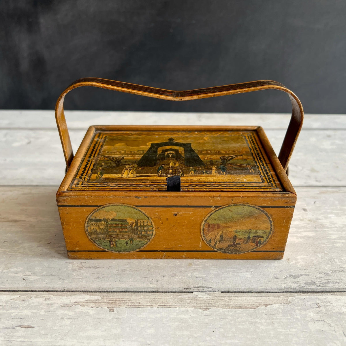 Antique Tunbridge Ware Sewing Pannier Box Brighton Suspension Pier Promenade Steine House C 1826