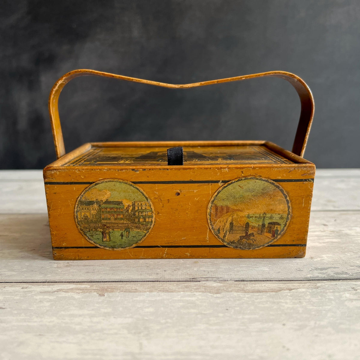 Antique Tunbridge Ware Sewing Pannier Box Brighton Suspension Pier Promenade Steine House C 1826