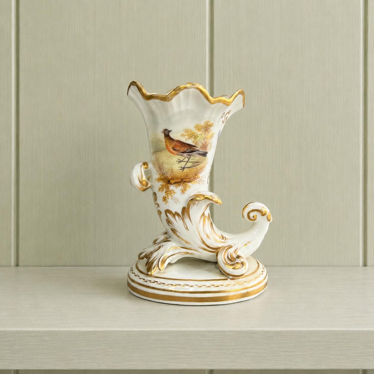 Antique Porcelain Cornucopia Vase Hand-Painted Bird and Butterfly Regency Era