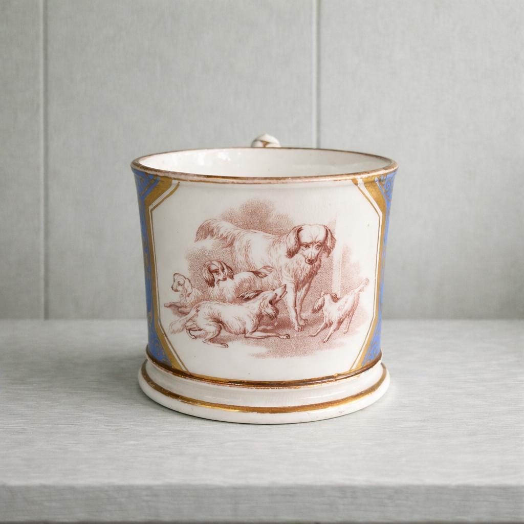 Antique Porcelain Mug Rare Dog and Puppy Scenes English C 1830s AF