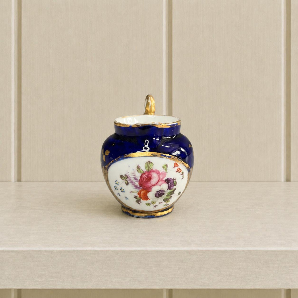 Antique Coalport Porcelain Miniature Jug Cobalt Blue Floral Circa 1820