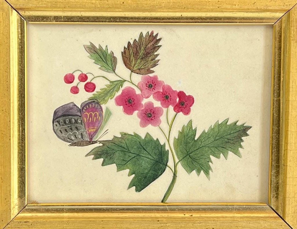 Antique Victorian Floral Painting Butterfly English Circa 1850