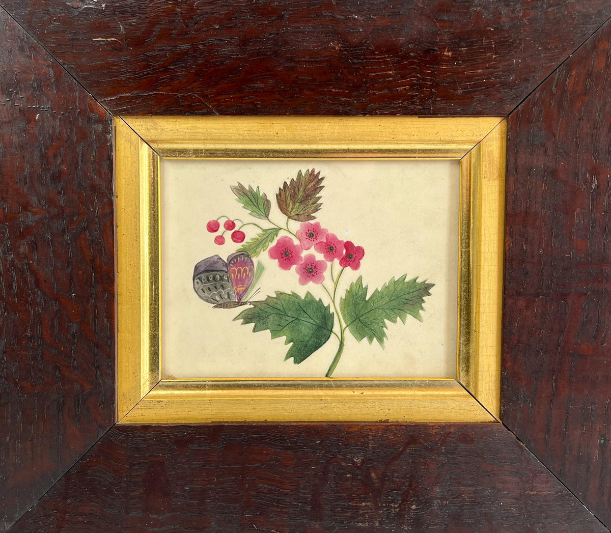 Antique Victorian Floral Painting Butterfly English Circa 1850