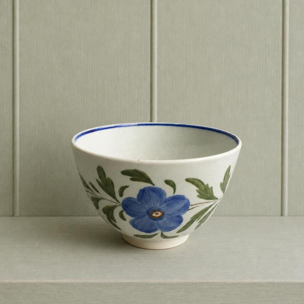 19th Century English Pottery Tea Bowl Blue Flower Pearlware C 1810 Folk Art Naïve