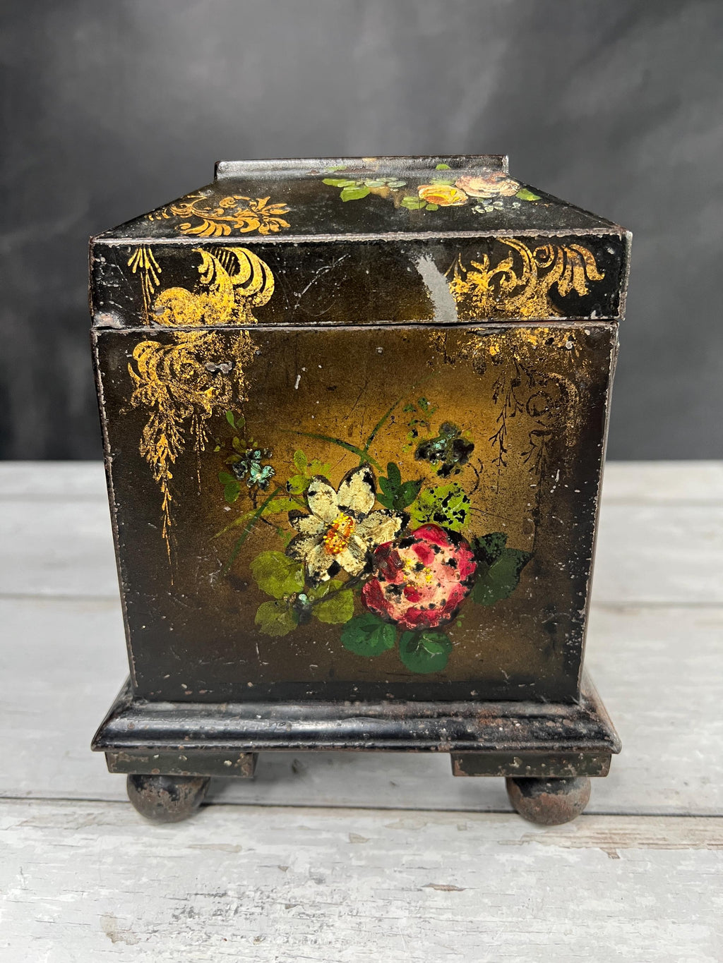 Antique 19th Century English Tole Tea Caddy Floral Toleware Tea Canister Circa 1850