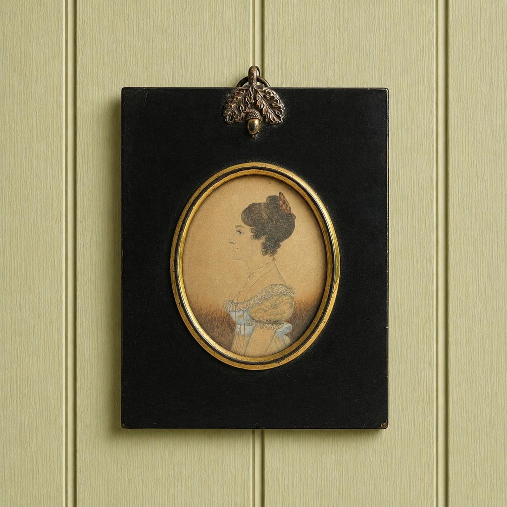Antique J. H. Gillespie Portrait Miniature Young Lady Blue Dress Regency W. Hill Frame C 1820