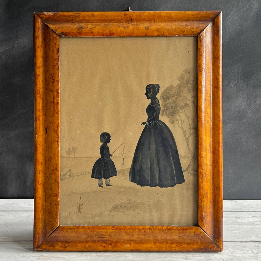 Antique Silhouette Full Length Mother And Child Fishing C 1840